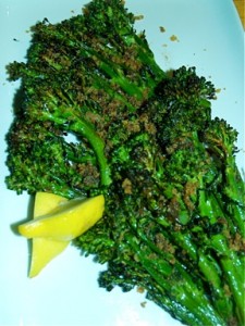 Oven Roasted Broccolini with Pine Nuts, Currants, and Bread Crumbs