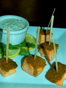 Curry Dusted Salmon Skewers with Yogurt Dipping Sauce