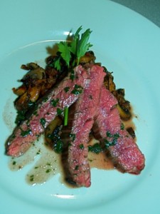 Pancetta-Cured Skirt Steak with Chanterelles and Shallots